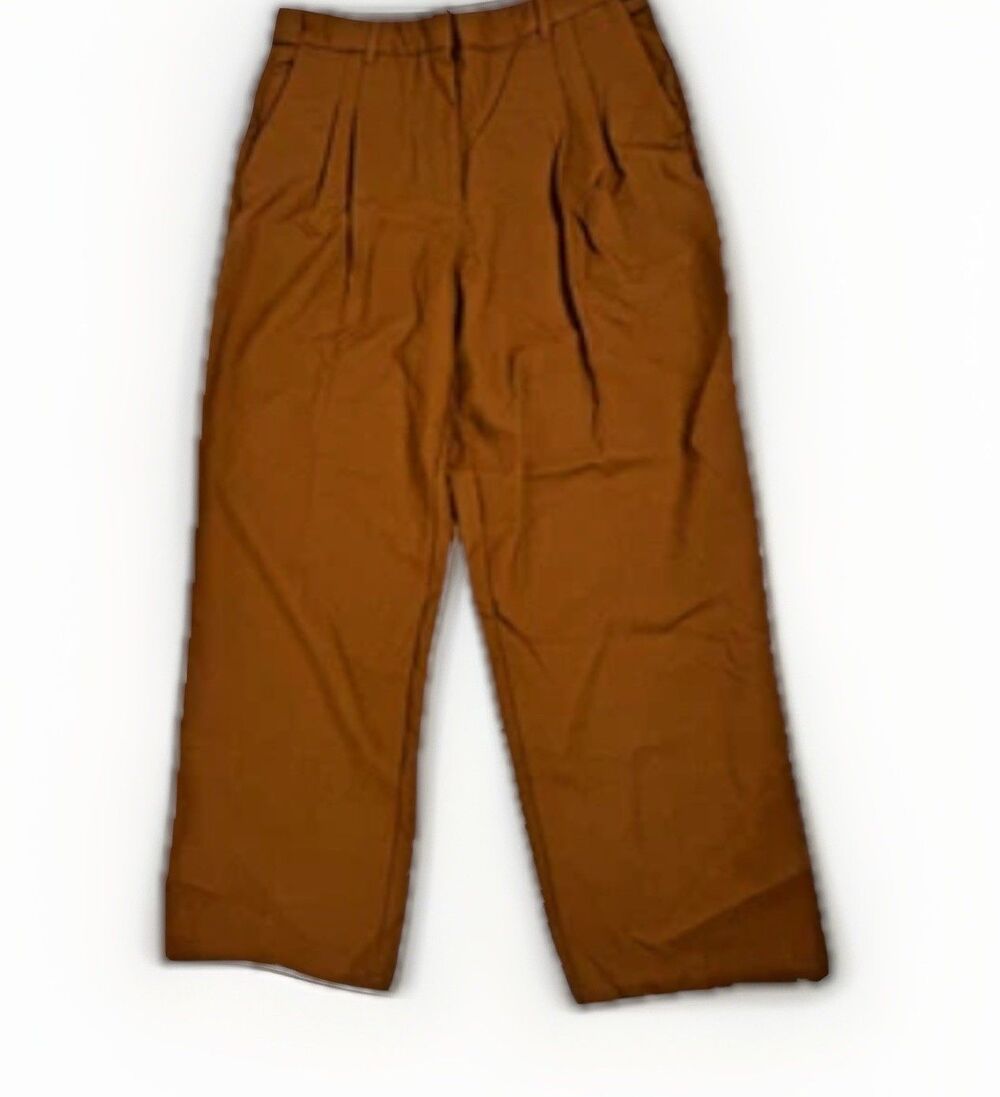 NWT OGL 4-way Stretch Wool Mid Rise Pleated Wide Leg Trousers Brown Sz L